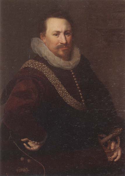 Portrait of a Gentleman,half-length,wearing a crimson jacket,with a black mantle